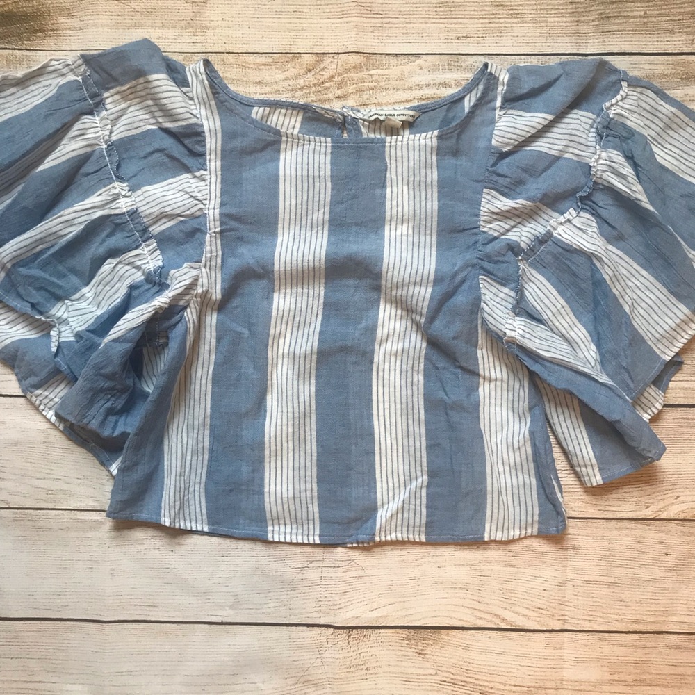 American Eagle Stripe Top with Flutter Sleeves
